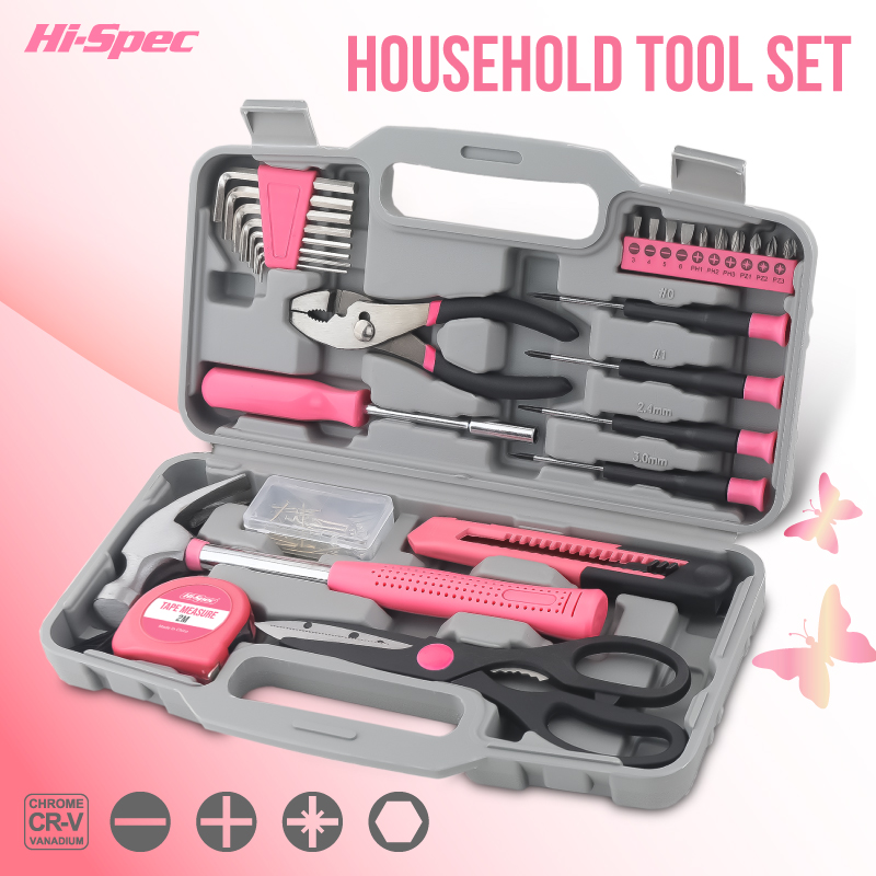 Woodworking Hammer - Hi-Spec 62-teiliges Heimwerkzeugset in Rosa/Schwarz mit
